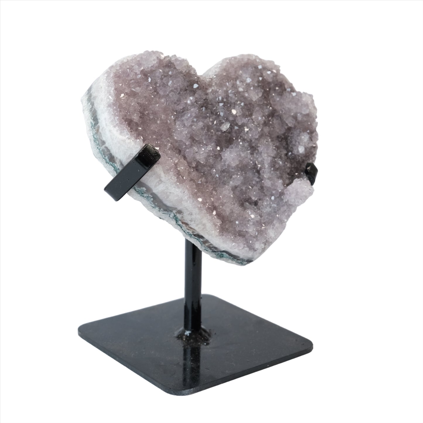 Amethyst heart on stand, healing crystals for stress relief, mood stability, and enhanced spirituality. Ideal for natural healing.