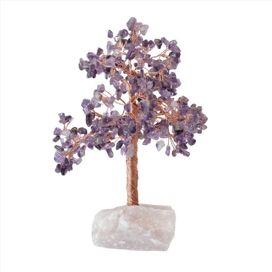 Amethyst Tree of Life with 414 crystals on rose quartz base, handmade gemstone decor, perfect for shelf or desk display.