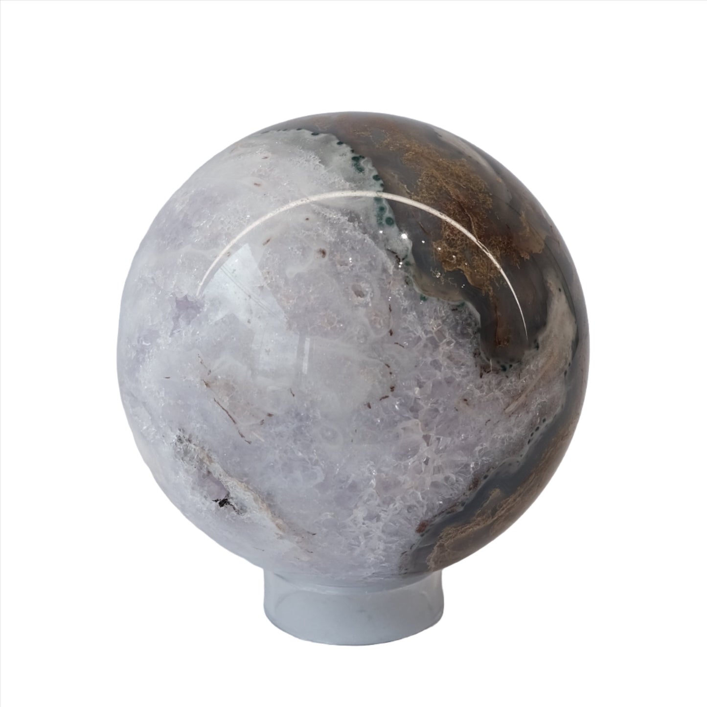 Pink Amethyst Sphere 688g with soothing energy and healing properties, 3.1-inch diameter crystal for stress relief and skin benefits.