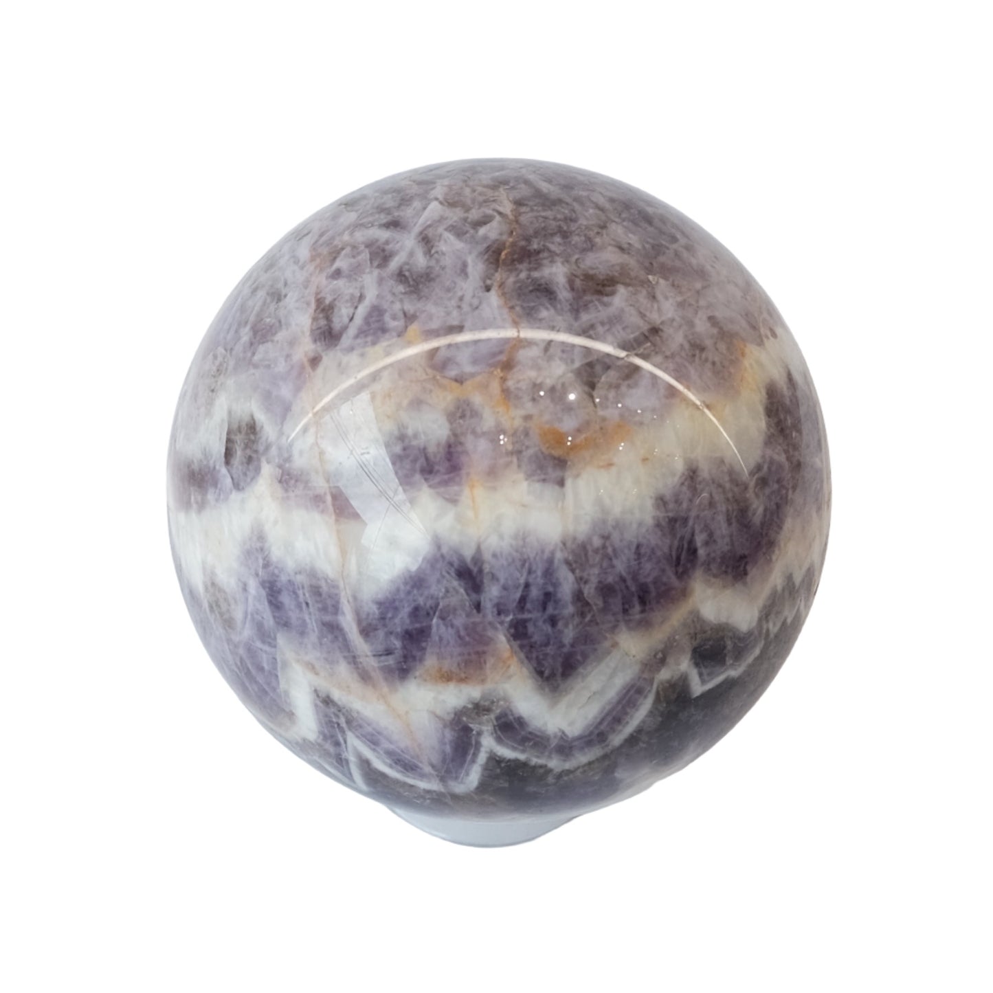 Chevron amethyst sphere with unique white quartz pattern, promotes calmness and relaxation, 676g healing crystal.
