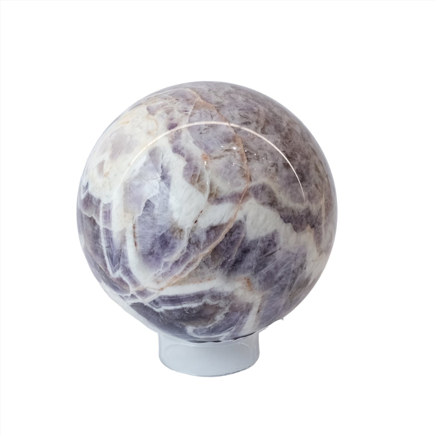 Chevron amethyst sphere 676g showcasing unique chevron pattern, known for promoting calmness and relaxation with soothing energy.