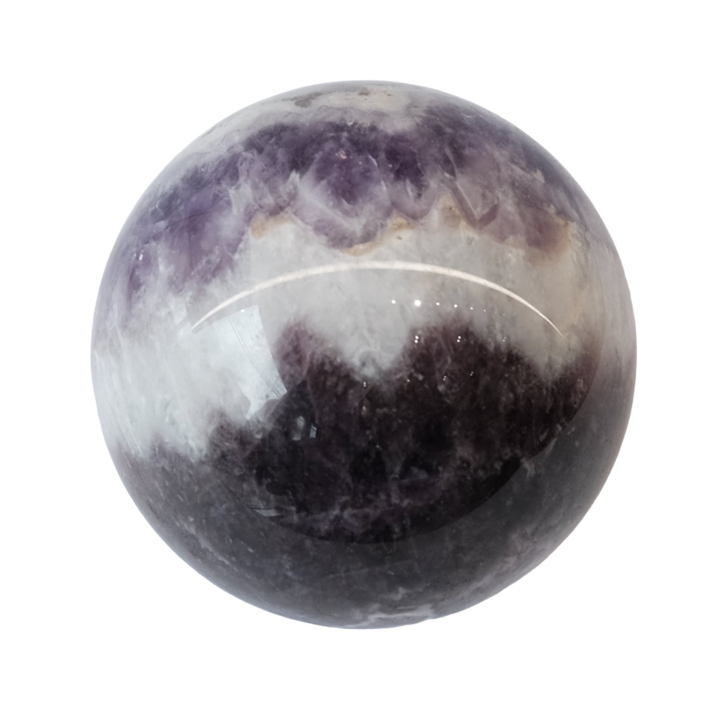 Chevron amethyst sphere 730g with unique crystal pattern promoting calmness and relaxation.