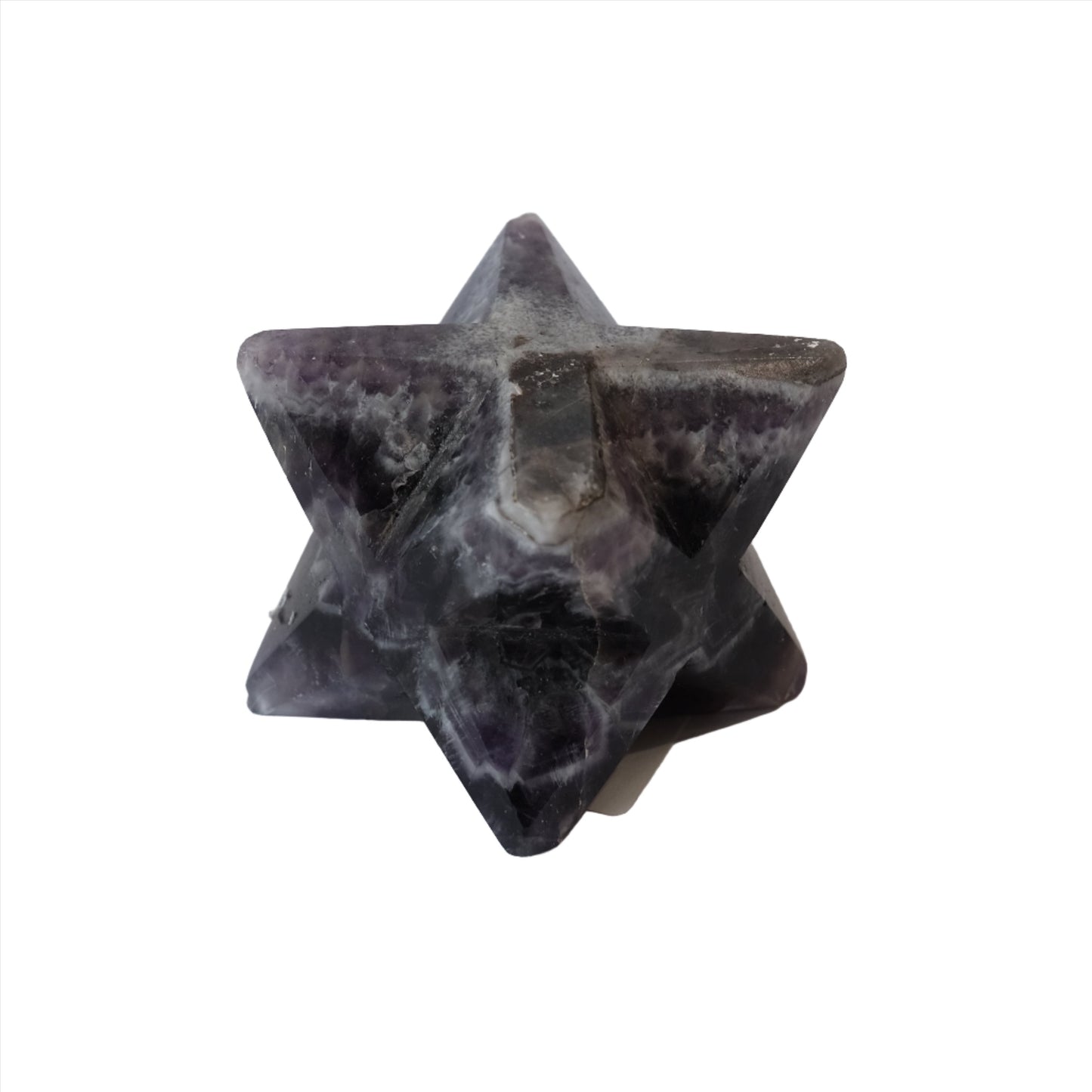 Chevron Amethyst Merkaba crystal with intricate patterns and spiritual symbolism