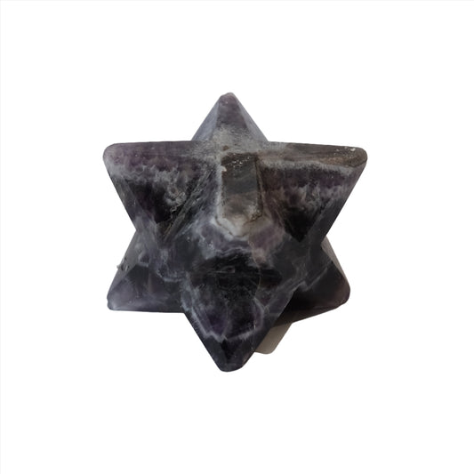Chevron Amethyst Merkaba crystal with intricate patterns and spiritual symbolism