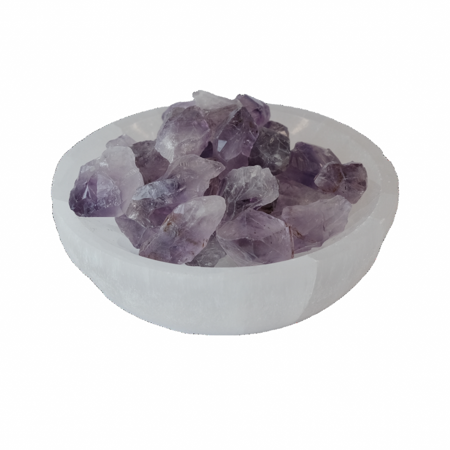 Amethyst small raw points in a bowl, natural tranquilizer, aids stress relief, mood stabilization, enhances spirituality.
