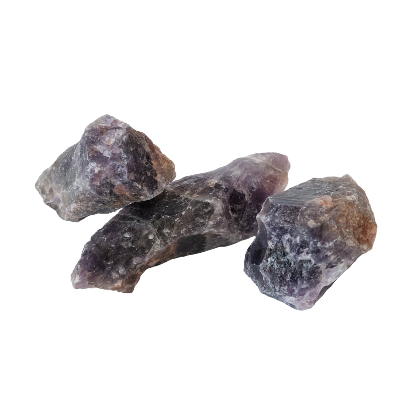 Three pieces of rough amethyst healing crystals, 2-4 inches, known for stress relief and boosting the immune system.
