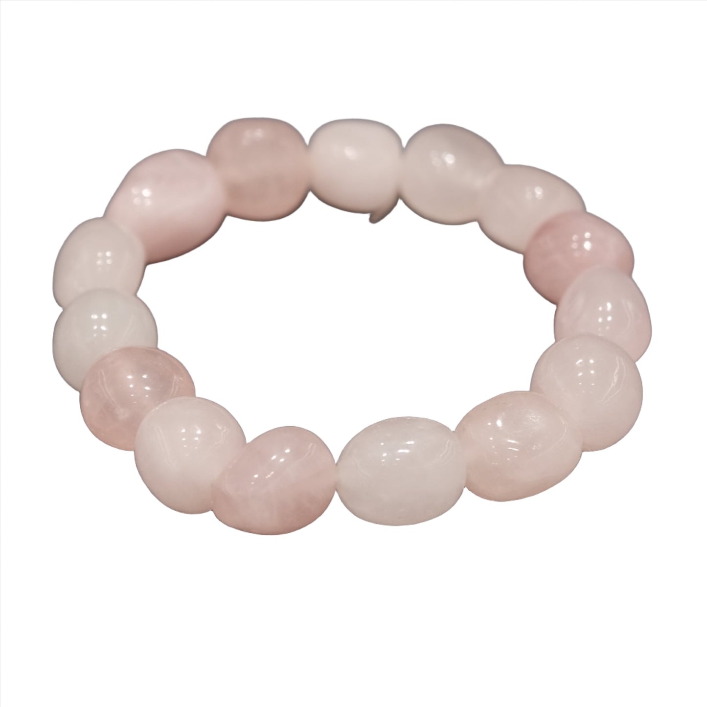 Rose Quartz Tumbled Stone Bracelet for self-confidence and love healing, featuring polished pink gemstones on elastic string.