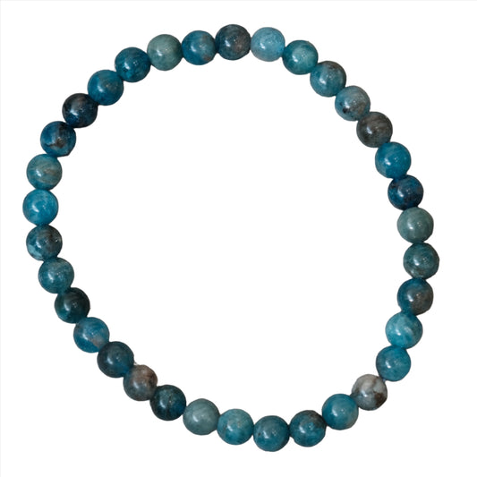 Blue Apatite bracelet with 6mm natural semi-precious stones for chakra balancing, creativity, and communication enhancement.