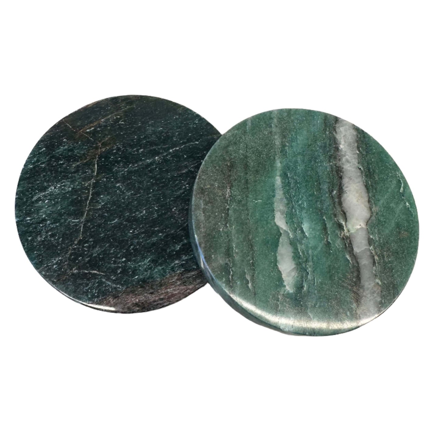 Green Aventurine coasters showcasing natural healing properties and elegant design, measuring 2.8 inches in diameter.