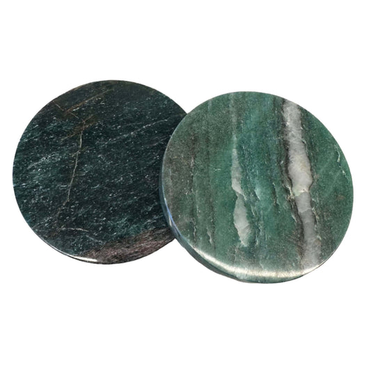 Green Aventurine coasters showcasing natural healing properties and elegant design, measuring 2.8 inches in diameter.