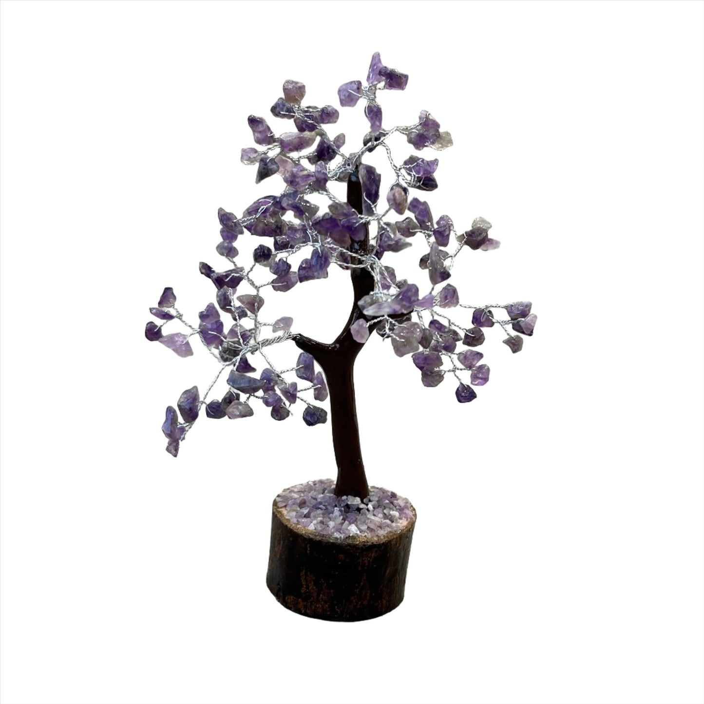 Amethyst gem tree with 160 beads, 7.5-8 inches tall, promotes relaxation and peace with calming energy.