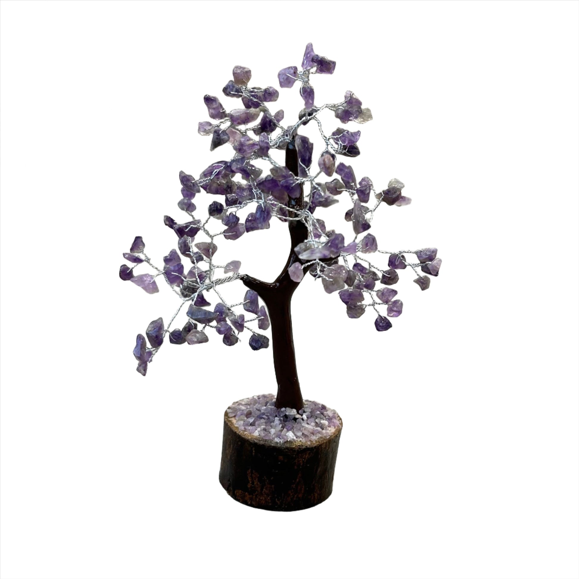 Amethyst gem tree with 160 beads, 7.5-8 inches tall, promotes relaxation and peace with calming energy.