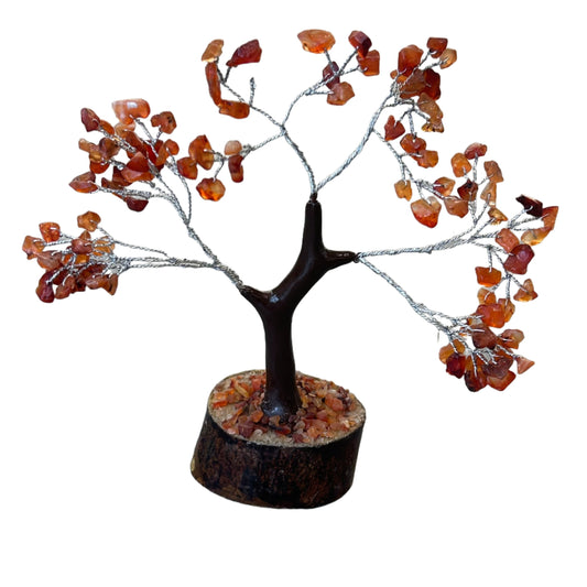 Carnelian gem tree with 60 beads, 4.5-5 inches tall, promoting tranquility and healing properties in any home decor.