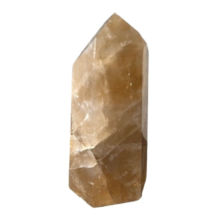 Citrine tower crystal known for energizing life, enhancing intuition, and attracting wealth and success.