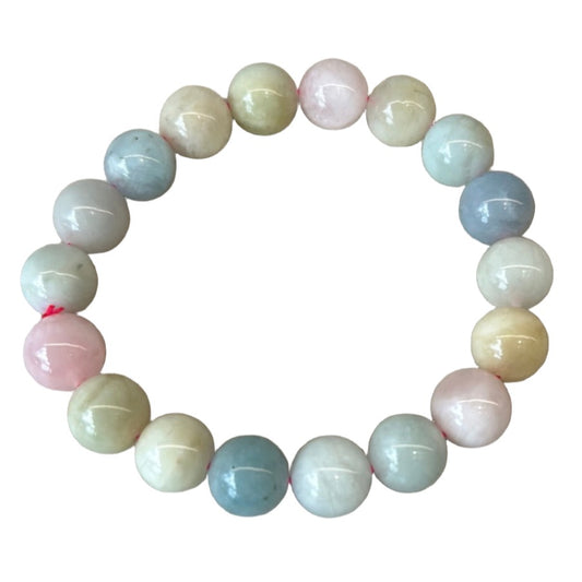 Morganite gemstone bracelet with 10mm beads, featuring soft pink and pastel hues, symbolizing emotional healing and love.