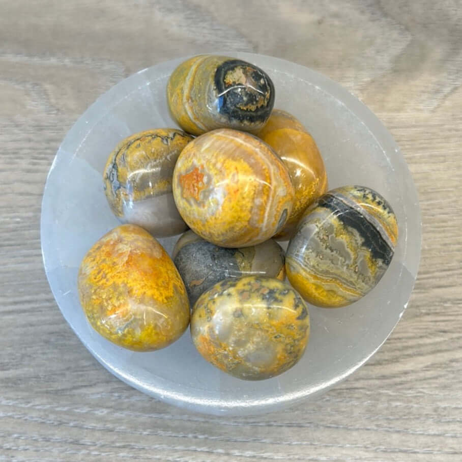Bumble Bee Jasper tumbled stones on a white dish to boost energy and creativity.