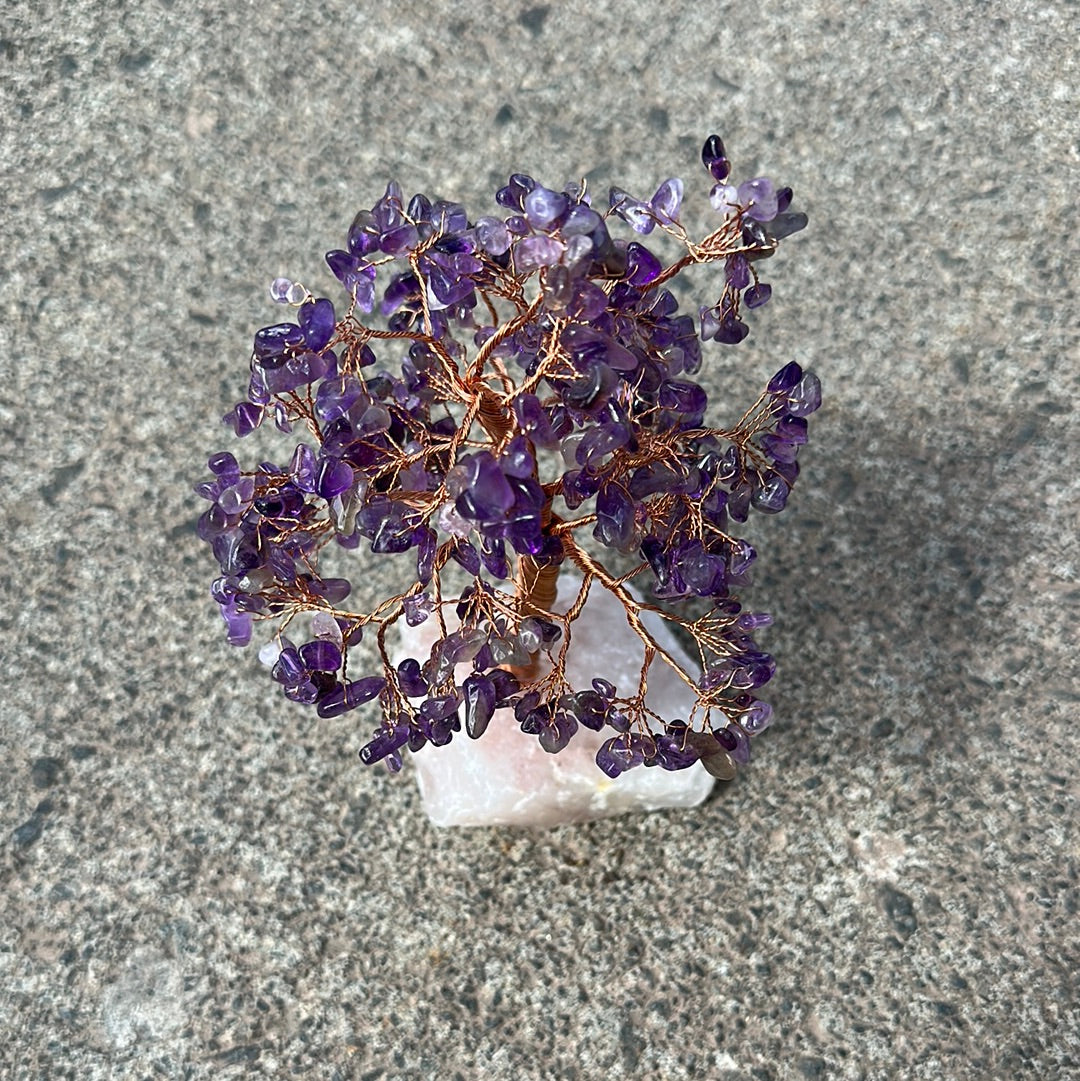 Amethyst Tree of Life with Rose Quartz Base featuring 414 purple crystals on a textured background.