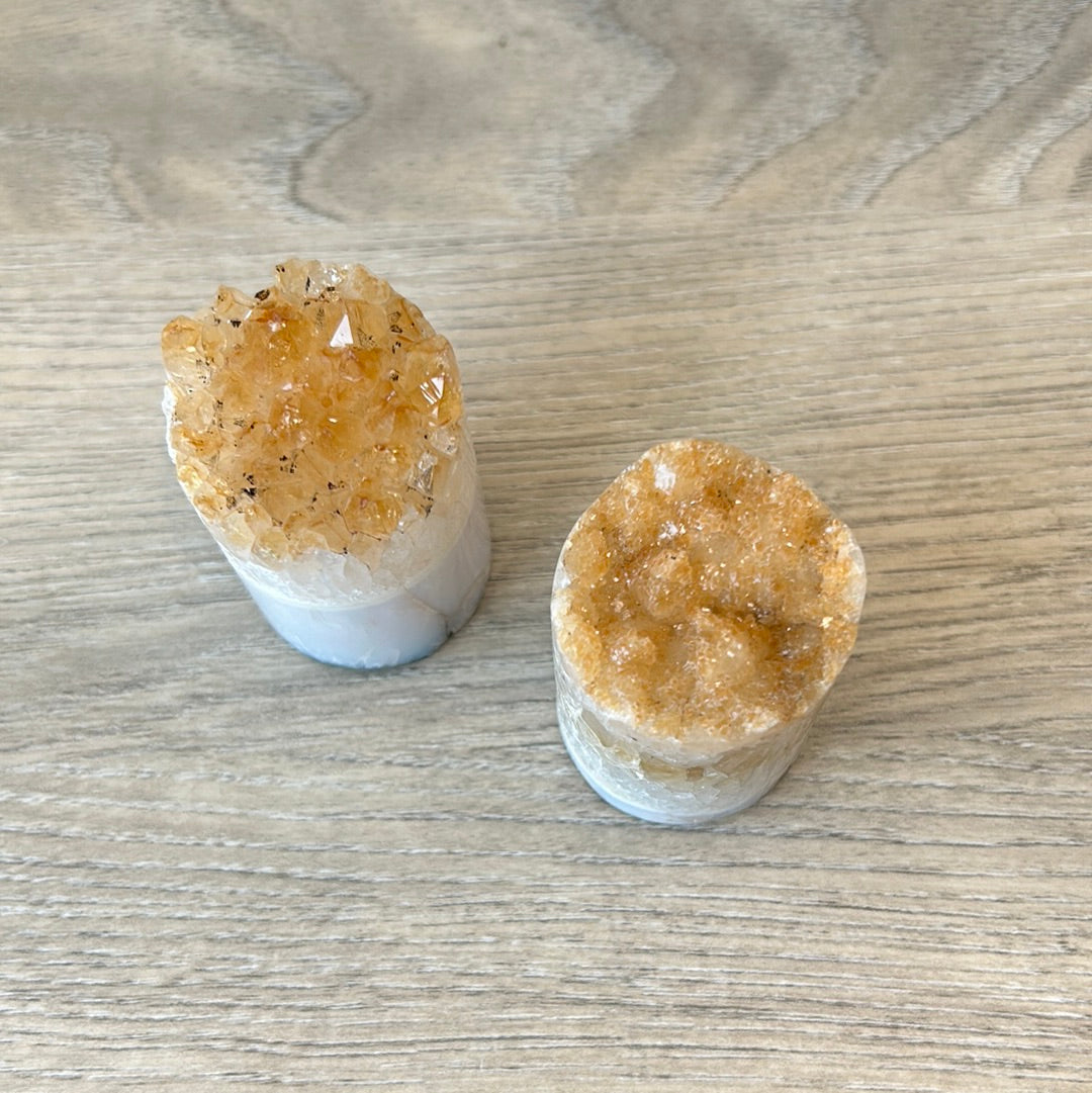 Citrine cylinder crystals 2-2.5" known for energizing life and attracting wealth and success.