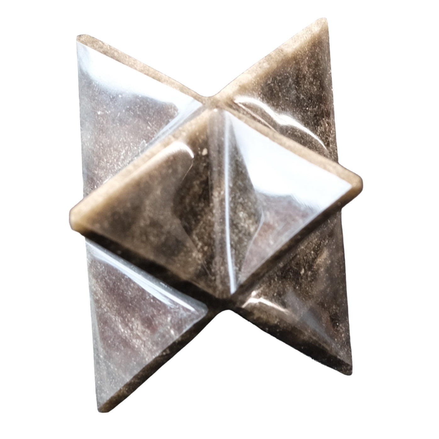 Golden Sheen Obsidian Merkaba crystal carved in a star shape, showcasing its glossy texture and unique colors.