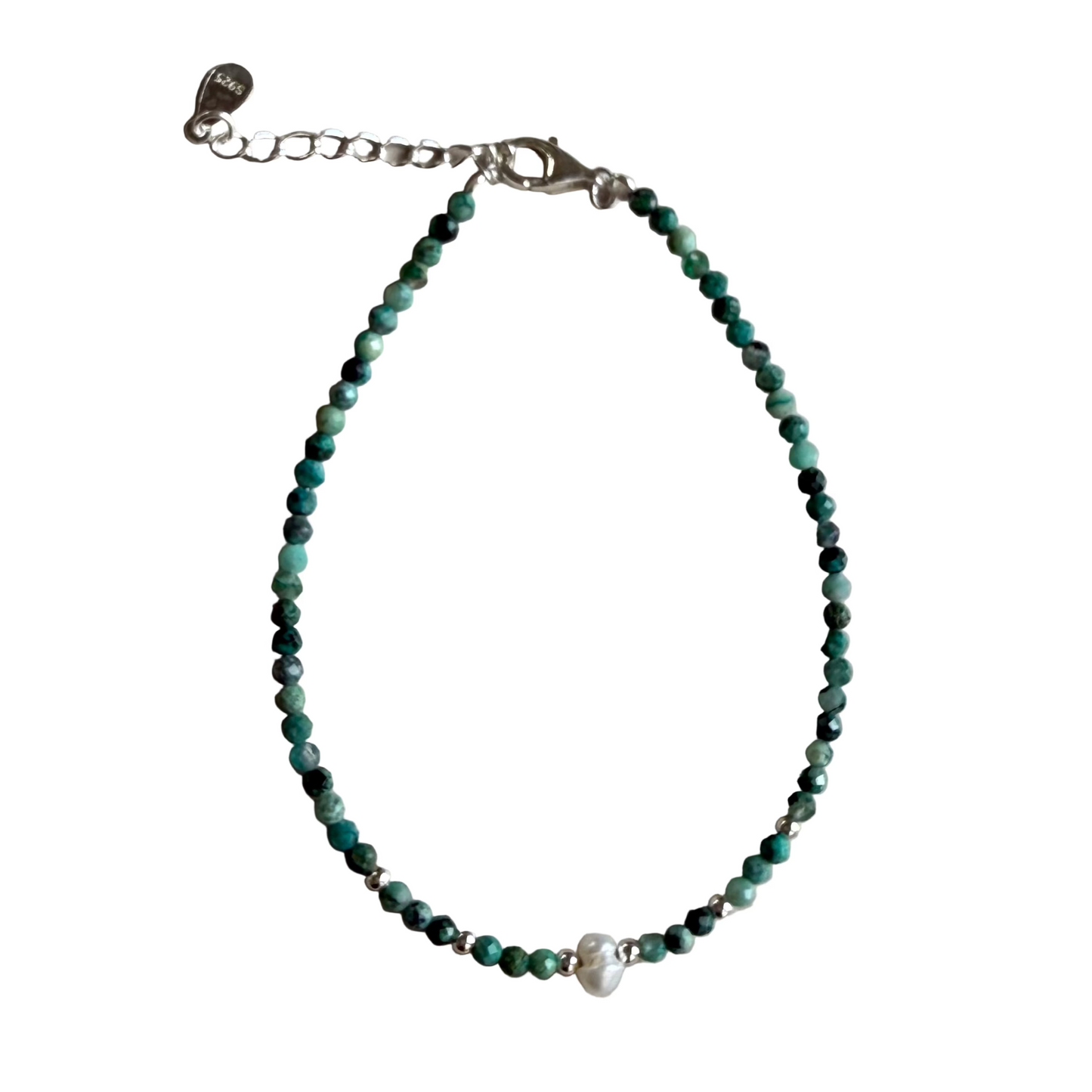 Chrysocolla 2mm Faceted Stone Bead with 3-4 mm Fresh Water Pearl Bracelet