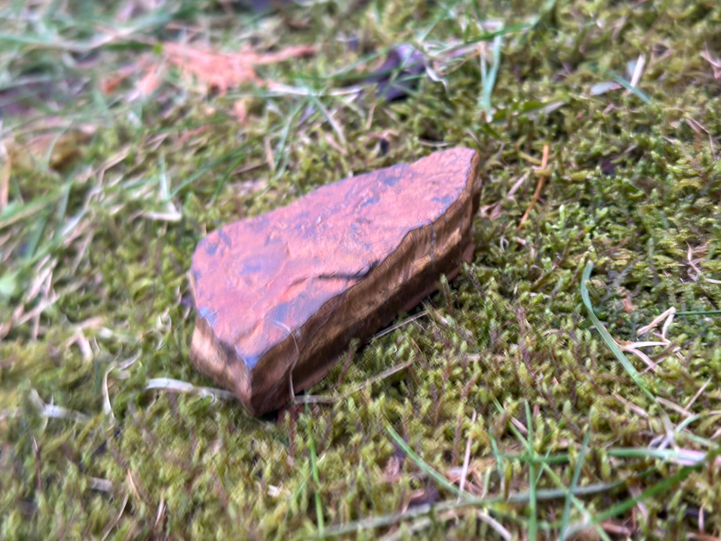 Raw Tiger Eye crystal on moss, showcasing its rich brown tones and natural texture for spiritual healing.