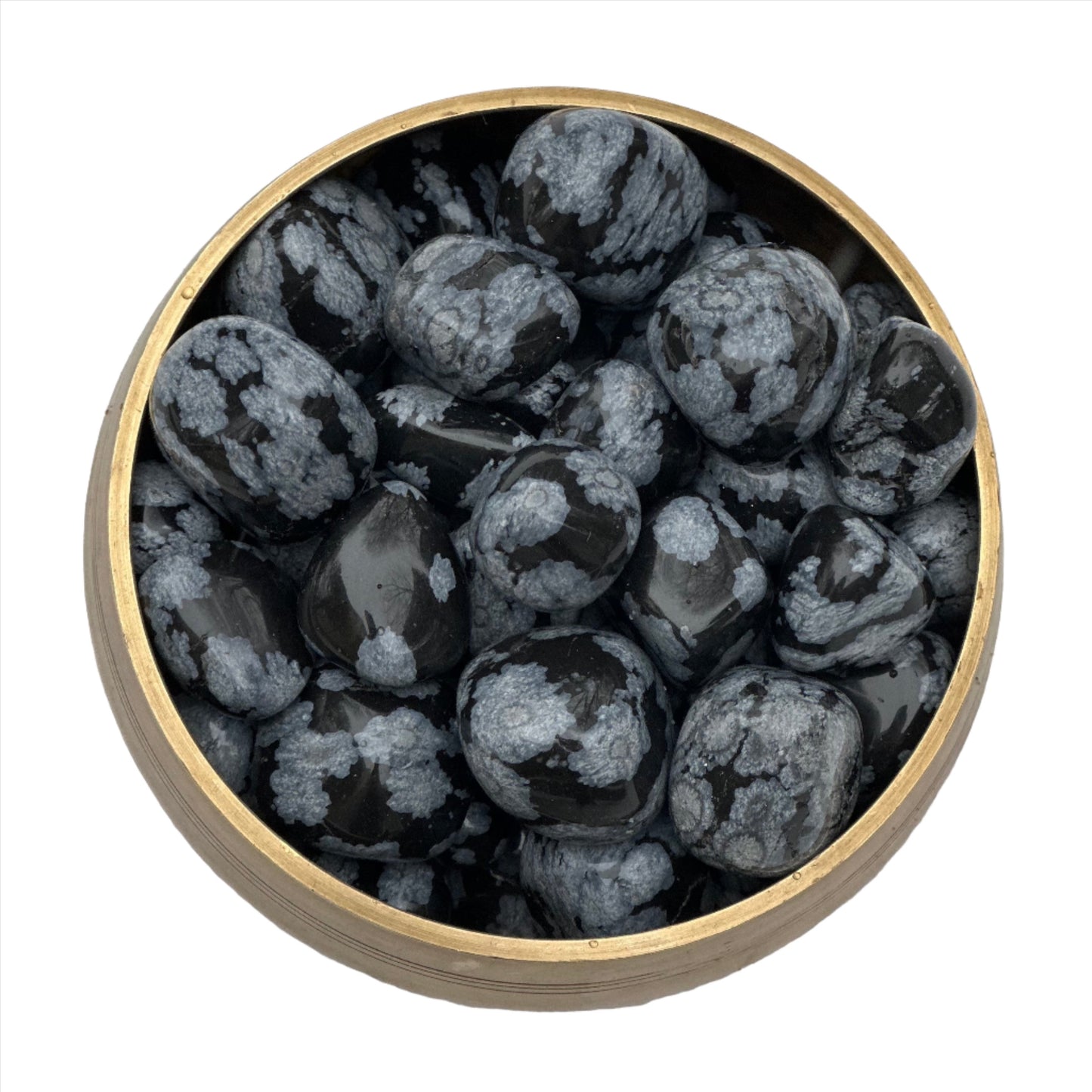 Snowflake Obsidian tumbled stones in wooden bowl, 20-30MM size, showcasing calming properties for meditation and self-reflection.