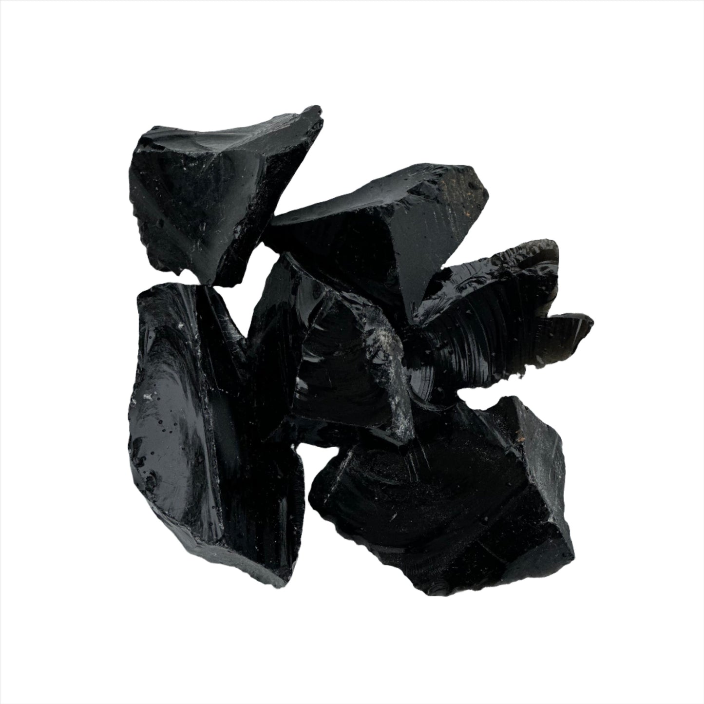 Black obsidian rough stones 1-4", known for absorbing negativity and promoting mental clarity and personal growth.
