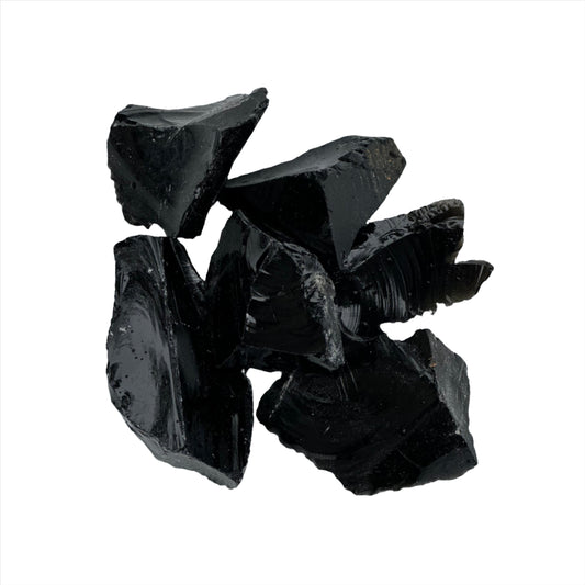 Black obsidian rough stones 1-4", known for absorbing negativity and promoting mental clarity and personal growth.
