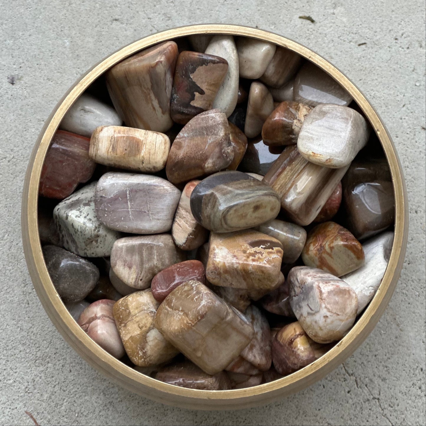 Bowl of polished petrified wood tumbled stones in various shades, ideal for transformation and comfort.