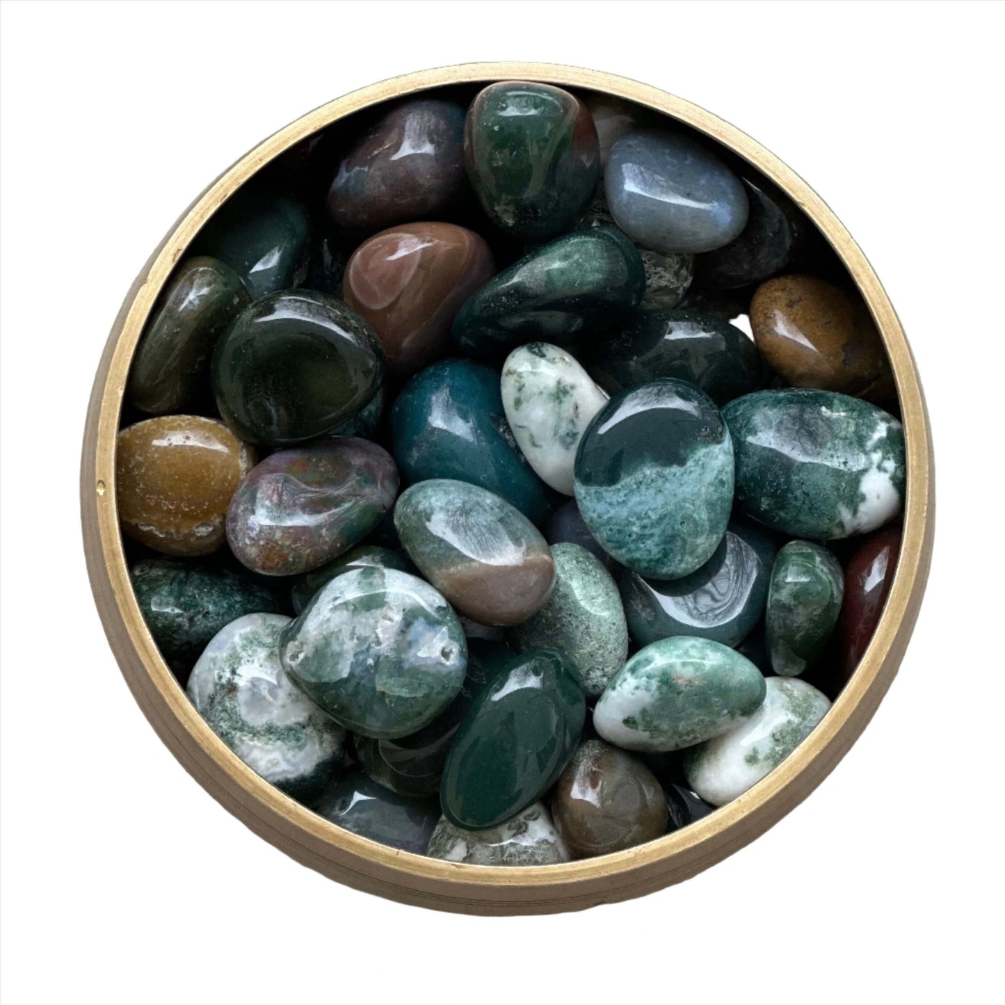 Ocean Jasper tumbled stones 20-30MM in a bowl, known for calming and soothing energy, promoting emotional balance and positivity.