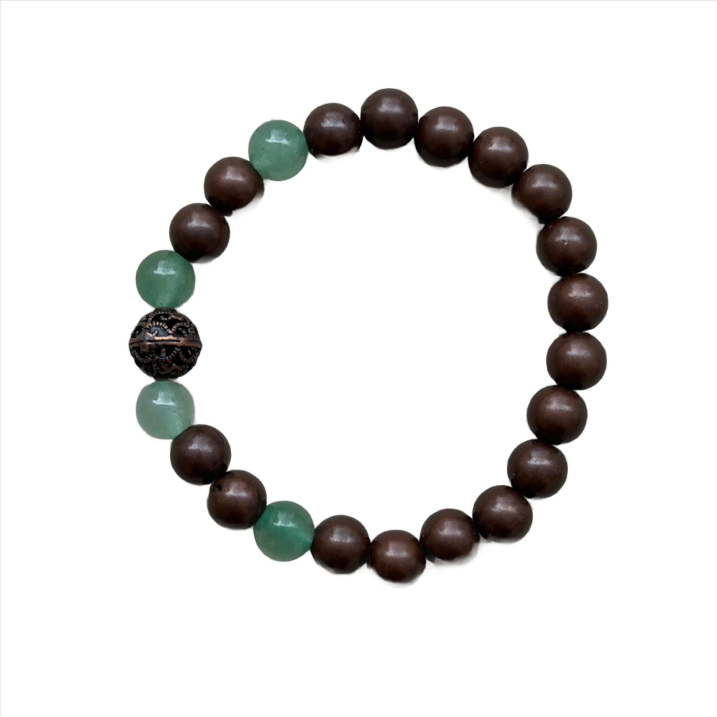 Copper bracelet with green beads believed to enhance energy and promote optimism, featuring unique textured bead for luck.
