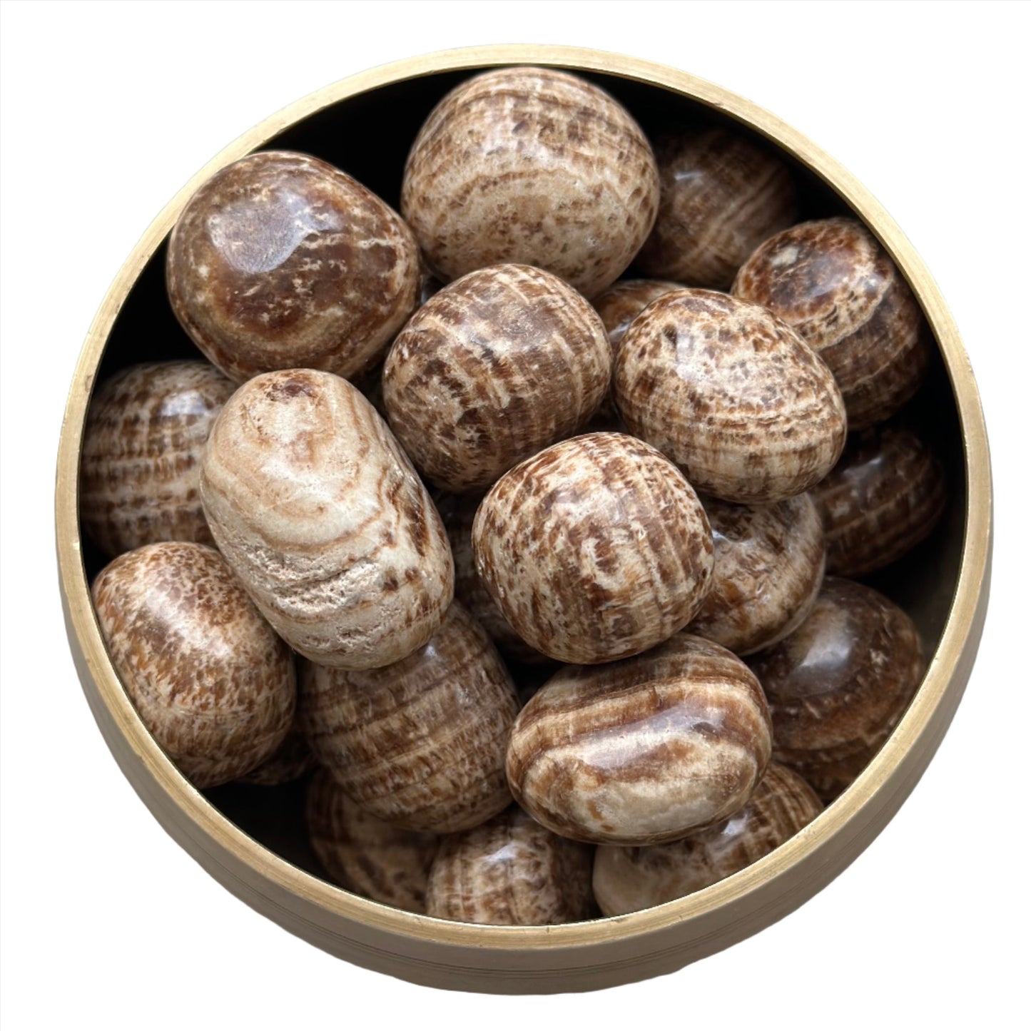 Aragonite tumbled stones in a wooden bowl, ideal for grounding, meditation, and promoting spiritual growth.