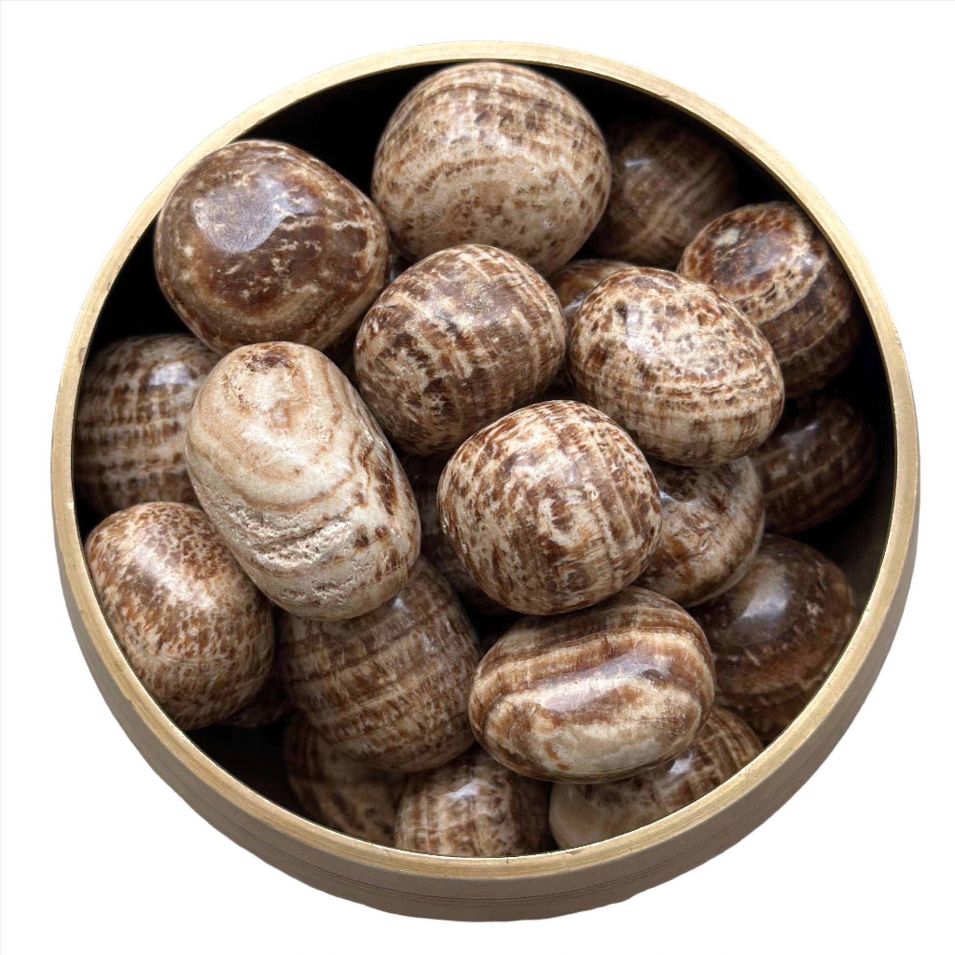Aragonite tumbled stones in a wooden bowl, ideal for grounding, meditation, and promoting spiritual growth.
