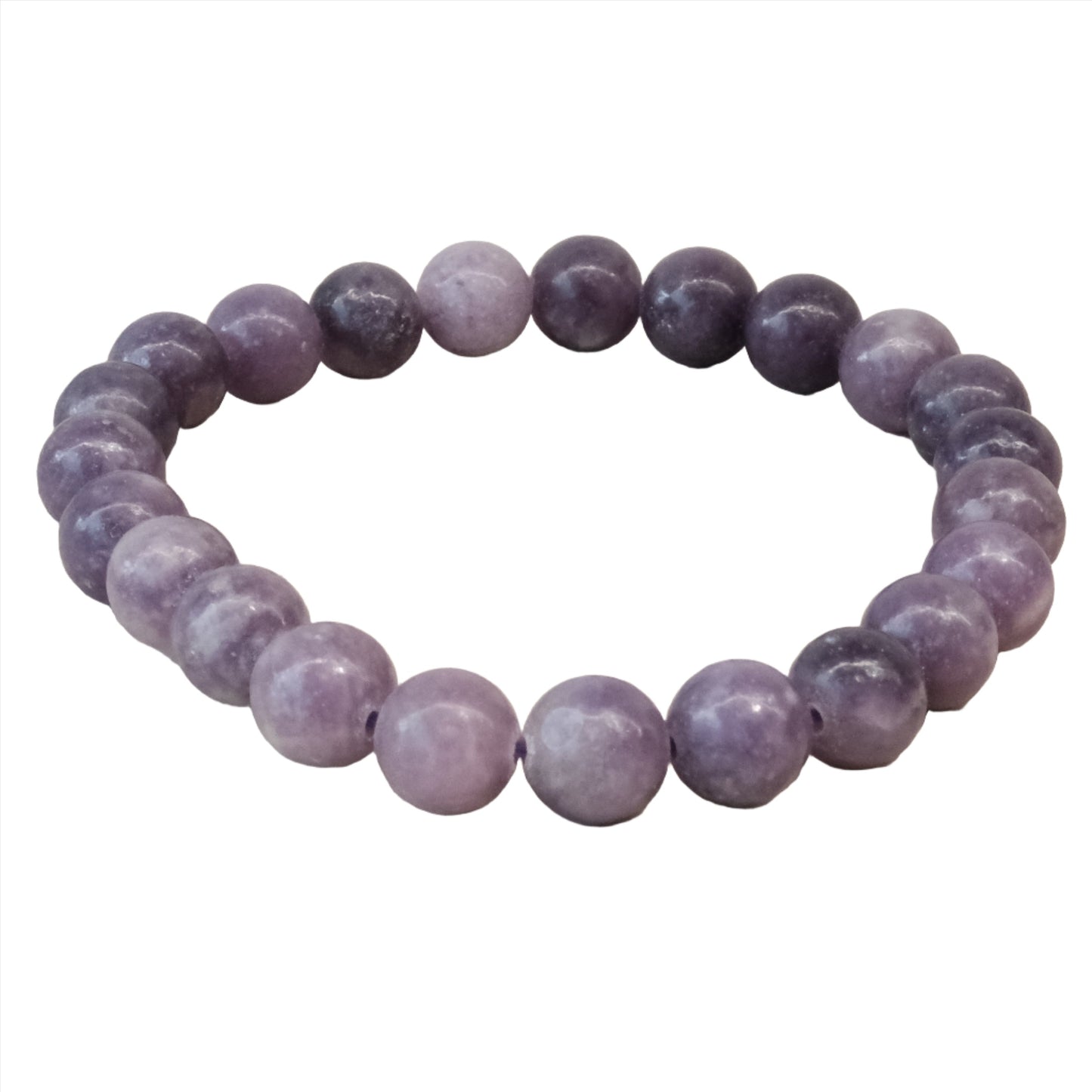 Lepidolite bracelet with 8mm beads, offering calming energy and stress relief through high lithium content.