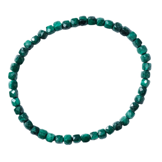 Malachite cube bracelet offering energy protection and love, featuring polished green stones for healing and spiritual growth.