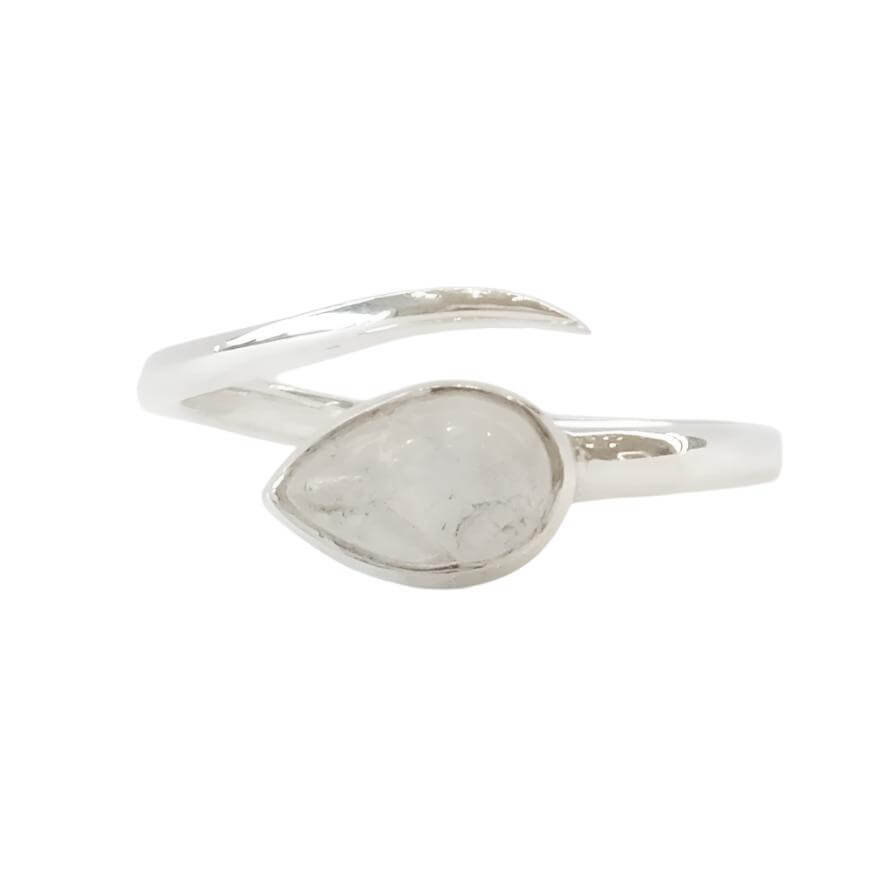Moonstone pear shape adjustable sterling silver ring, symbolizing new beginnings and enhancing creativity and intuition.