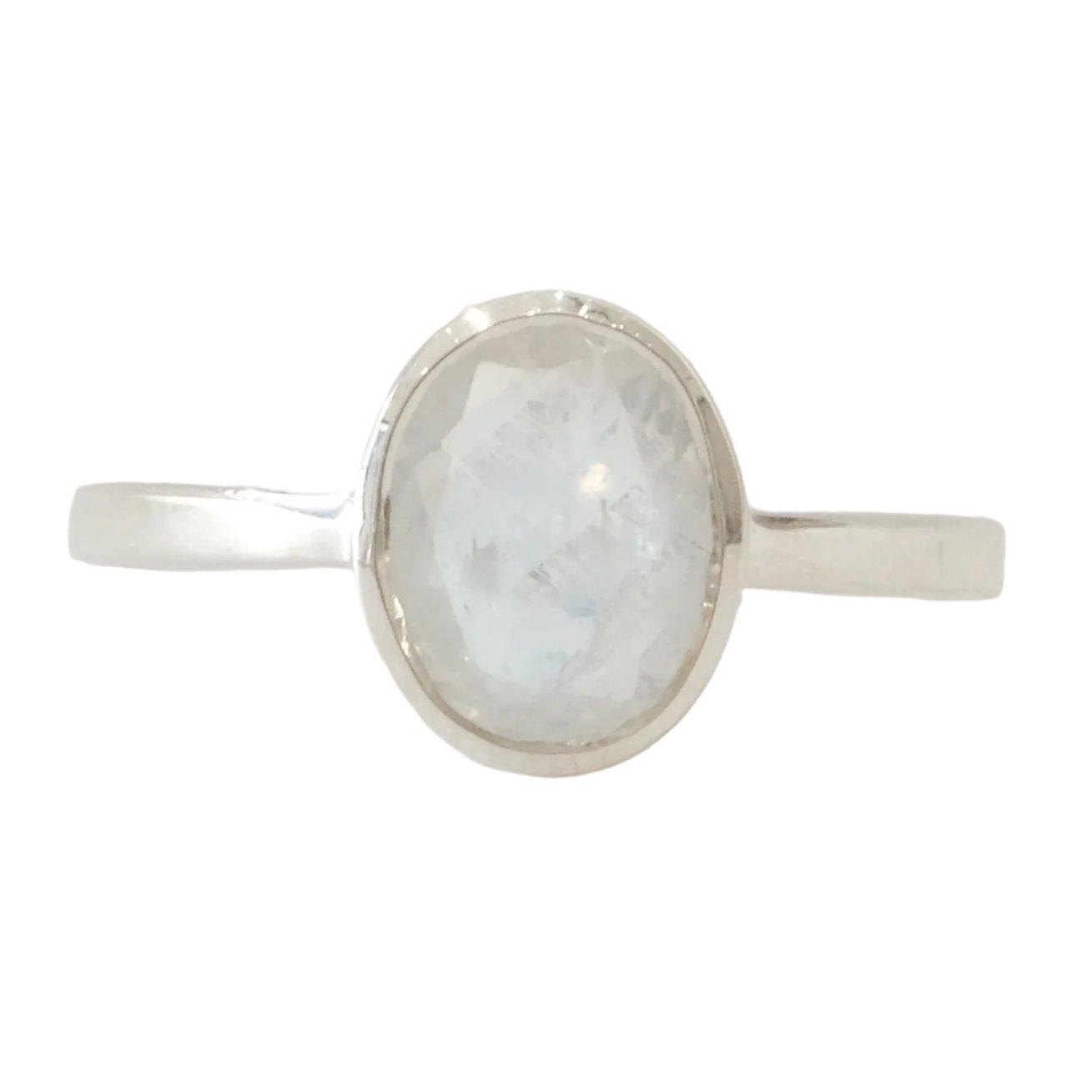 Moonstone oval faceted sterling silver ring size 7, promoting new beginnings, inner strength, and creativity.