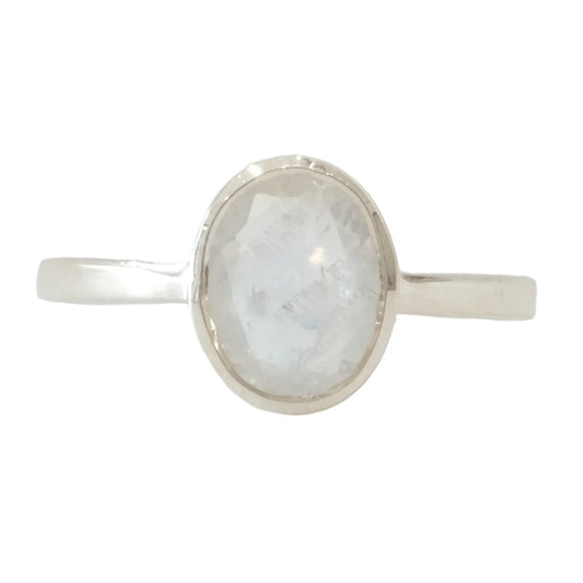 Moonstone oval faceted sterling silver ring size 7, promoting new beginnings, inner strength, and creativity.
