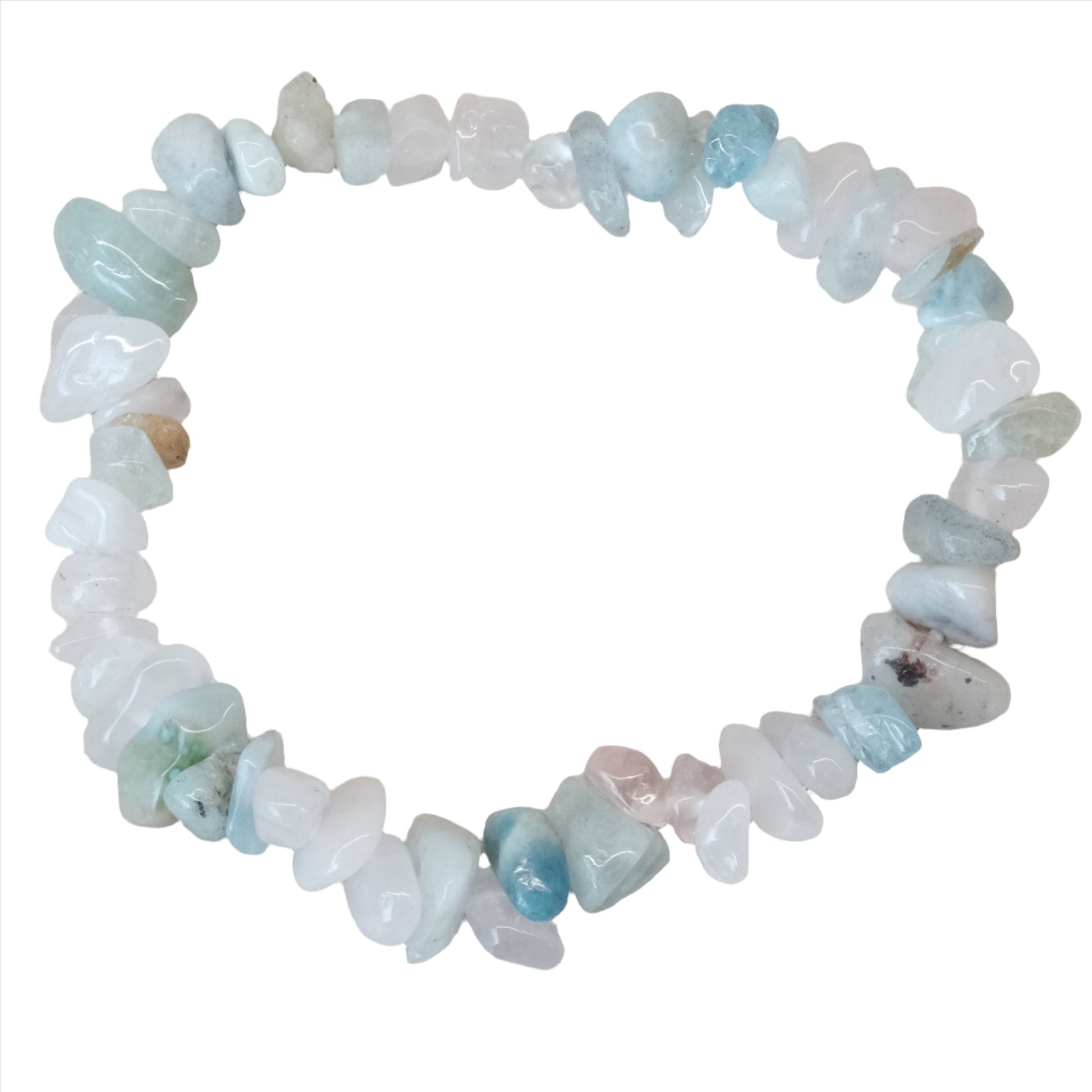 Morganite chip bracelet promoting emotional healing and love, featuring pink gemstones linked to the heart chakra.
