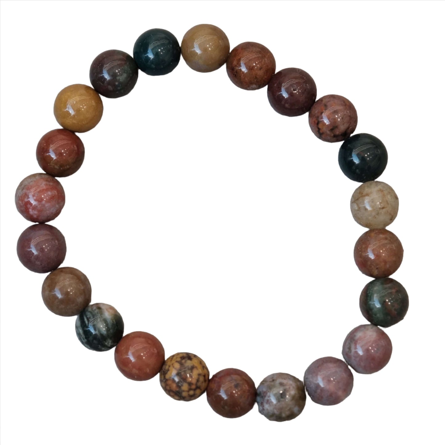 Ocean Jasper Bracelet 8MM featuring multicolored gemstones known for their soothing and healing properties.