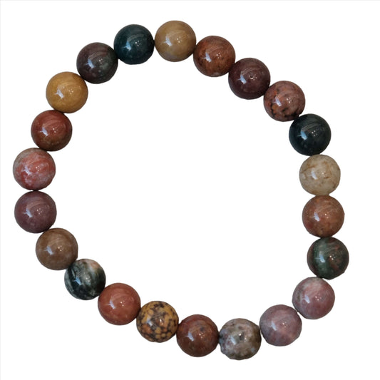 Ocean Jasper Bracelet 8MM featuring multicolored gemstones known for their soothing and healing properties.