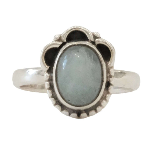 Aquamarine sterling silver ring in size 4, featuring a soothing gemstone for promoting calmness and courage, ideal for stress relief.