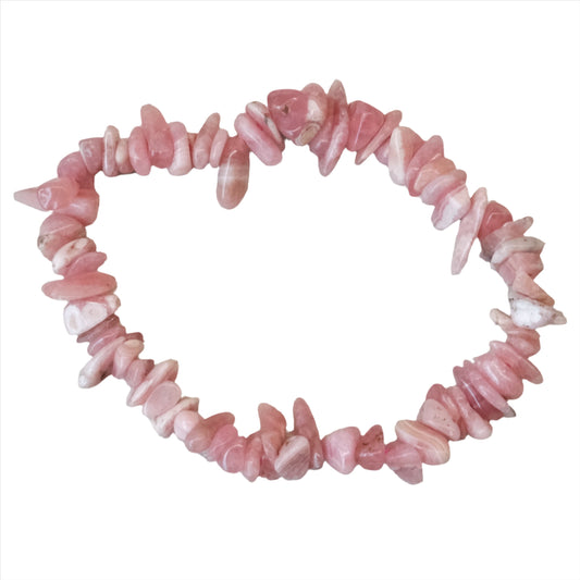 Rhodochrosite chips bracelet for heart opening, emotional stress relief, and respiratory health. Pink stone jewelry promotes positivity.
