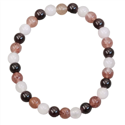 Rose Quartz, Strawberry Quartz, Garnet Bracelet 6MM with alternating pink, white, and dark beads in a circular design.