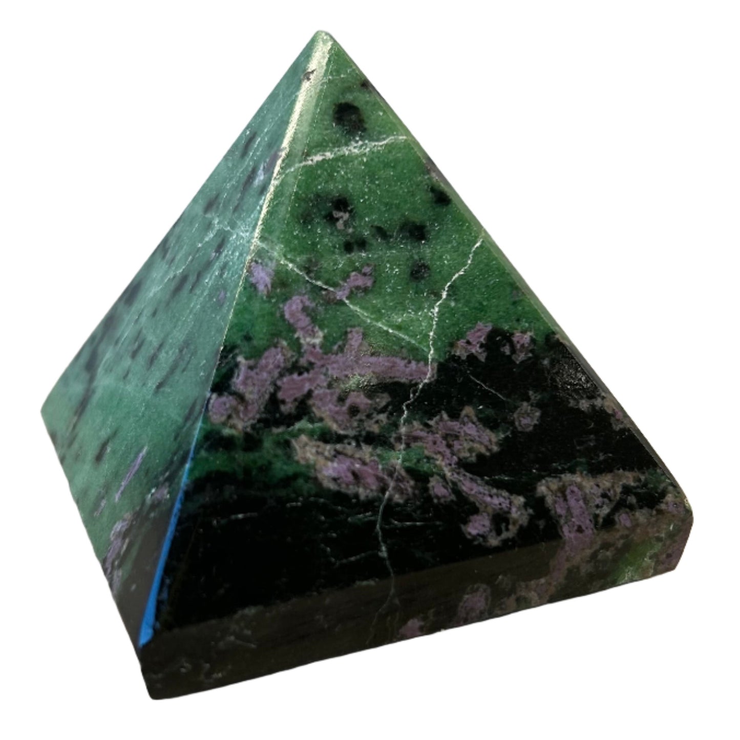 Ruby Zoisite pyramid showcasing vibrant green and red colors, symbolizing happiness, creativity, and emotional healing.