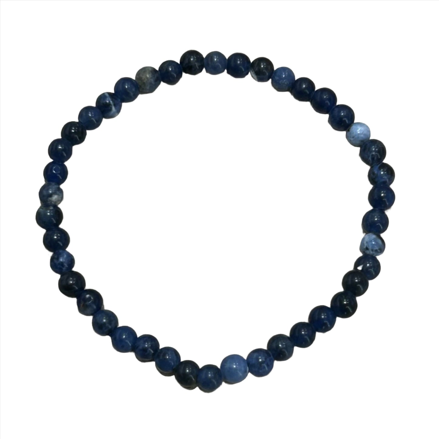 Sodalite bracelet with 4MM beads, enhances intuition and analysis, featuring deep blue stones in a circular arrangement.