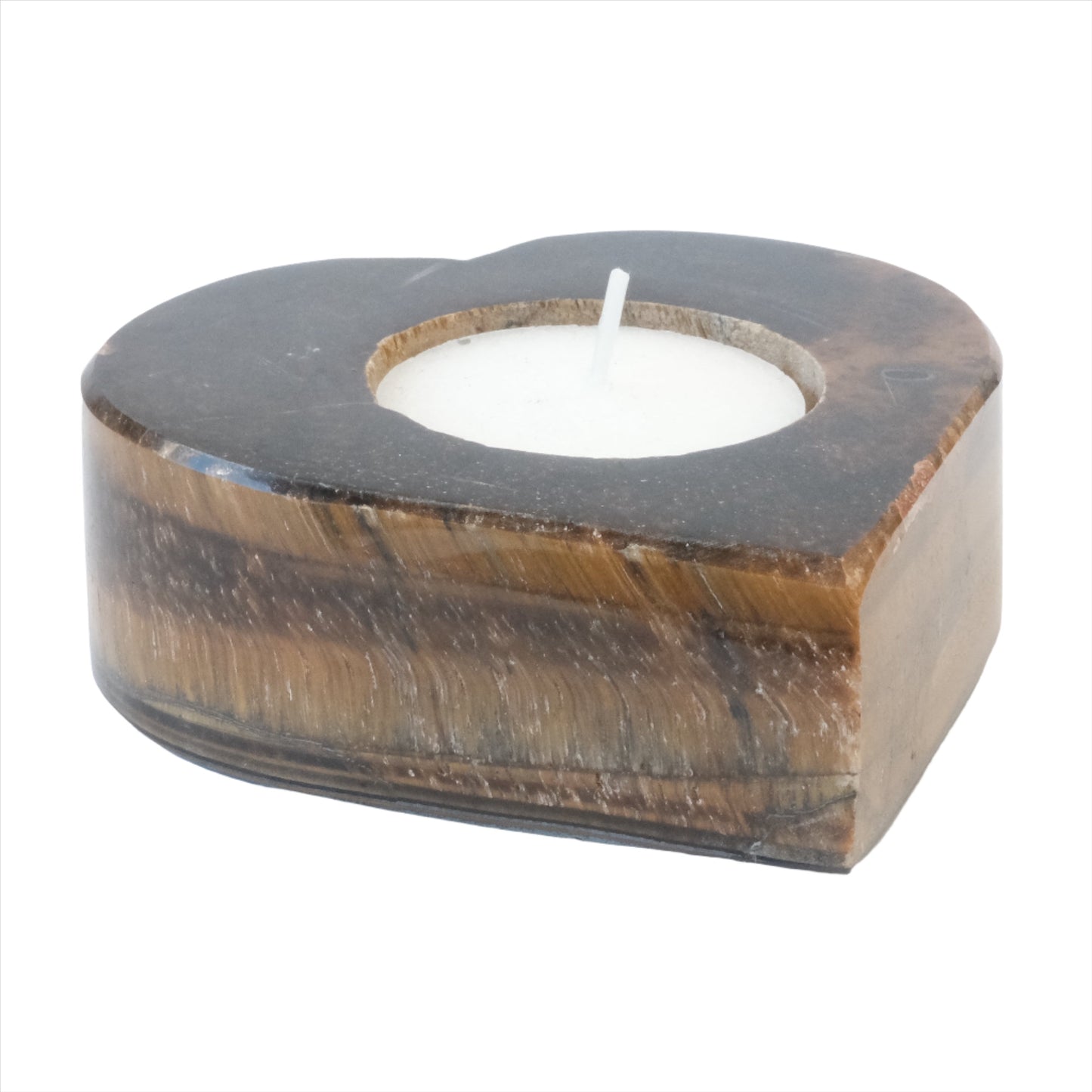 Heart-shaped tiger eye tealight candle holder, ideal for focus, emotional balance, and enhancing ambiance.
