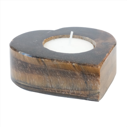 Heart-shaped tiger eye tealight candle holder, ideal for focus, emotional balance, and enhancing ambiance.