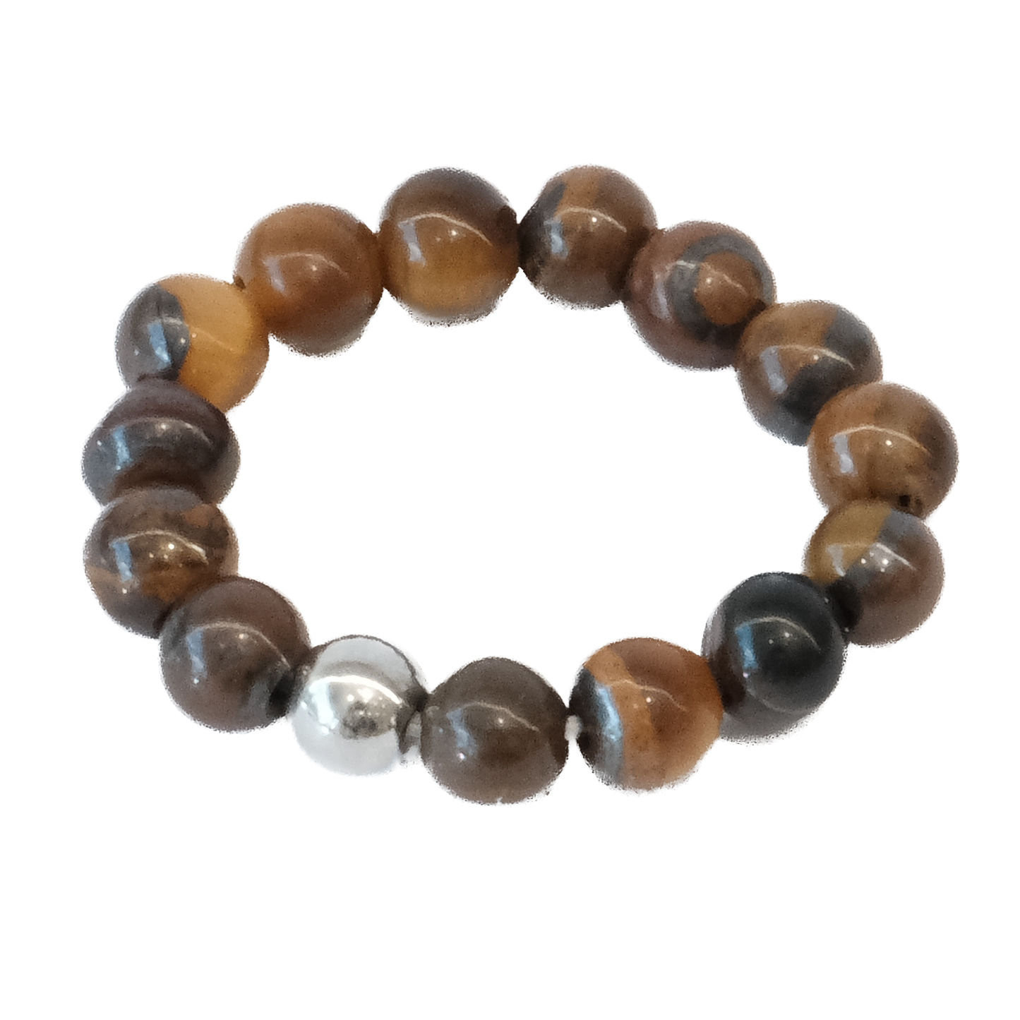 Tiger Eye stretch ring for focus, protection, and good luck, featuring polished brown and yellow gemstones.