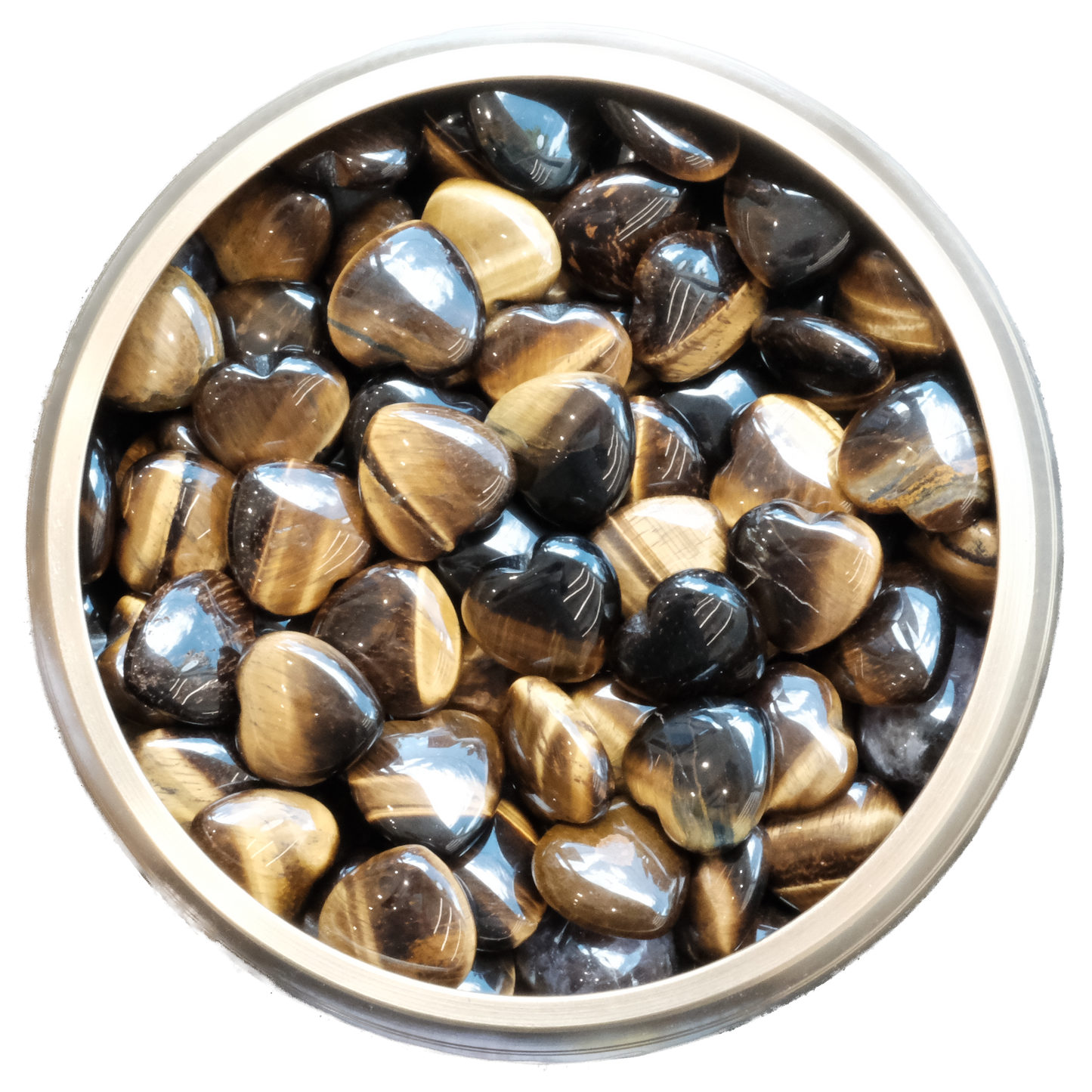 Bowl of Tiger Eye Heart stones with iridescent gold and bronze hues, symbolizing grounding and protection energy.